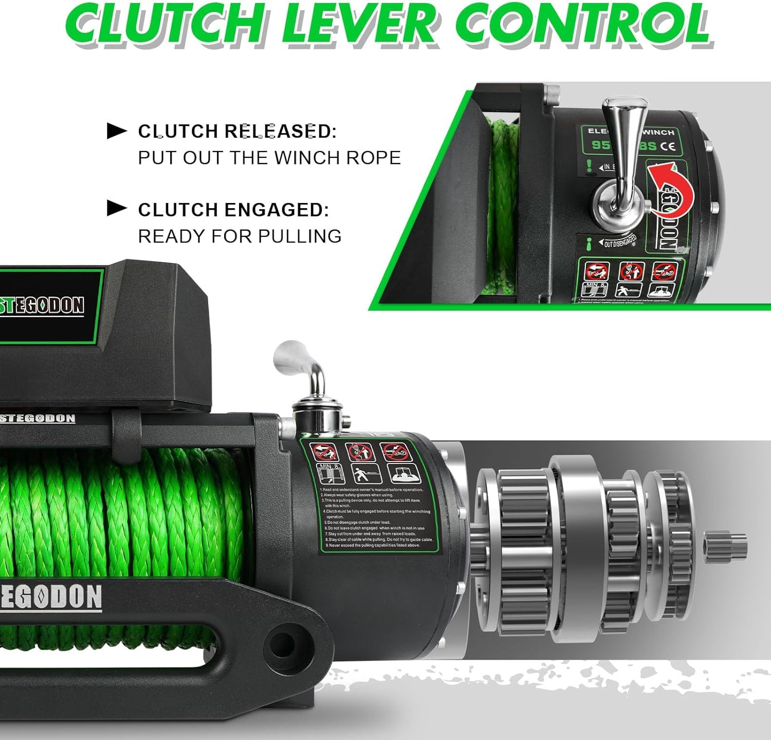 STEGODON New 9500 lb. Load Capacity Electric Winch S3,12V Waterproof IP67 Electric Winch with Hawse Fairlead, Synthetic Rope Winch with Wireless Handheld Remote and Wired Handle(Green-Rope)