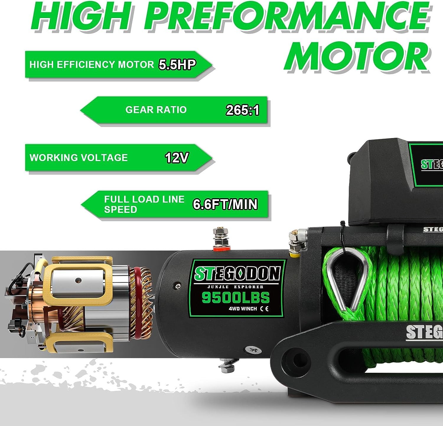 STEGODON New 9500 lb. Load Capacity Electric Winch S3,12V Waterproof IP67 Electric Winch with Hawse Fairlead, Synthetic Rope Winch with Wireless Handheld Remote and Wired Handle(Green-Rope)