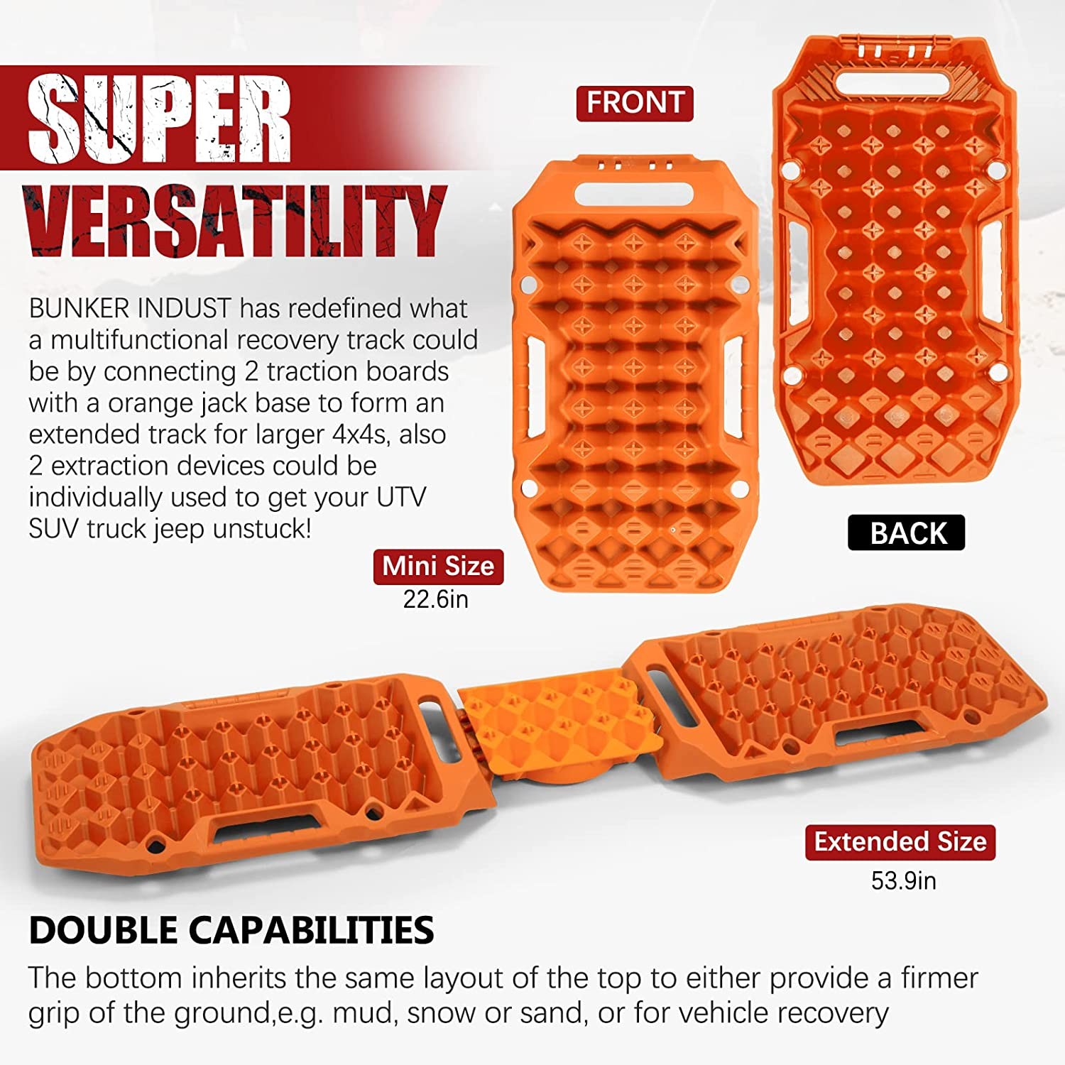 BUNKER INDUST Offroad Traction Boards with Jack Base,Pair Multifunctional Recovery Tracks Tire Traction Mat Snow Mud Sand Ramp-Orange 4X4 ATV UTV Car Traction Pads with Carry Bag