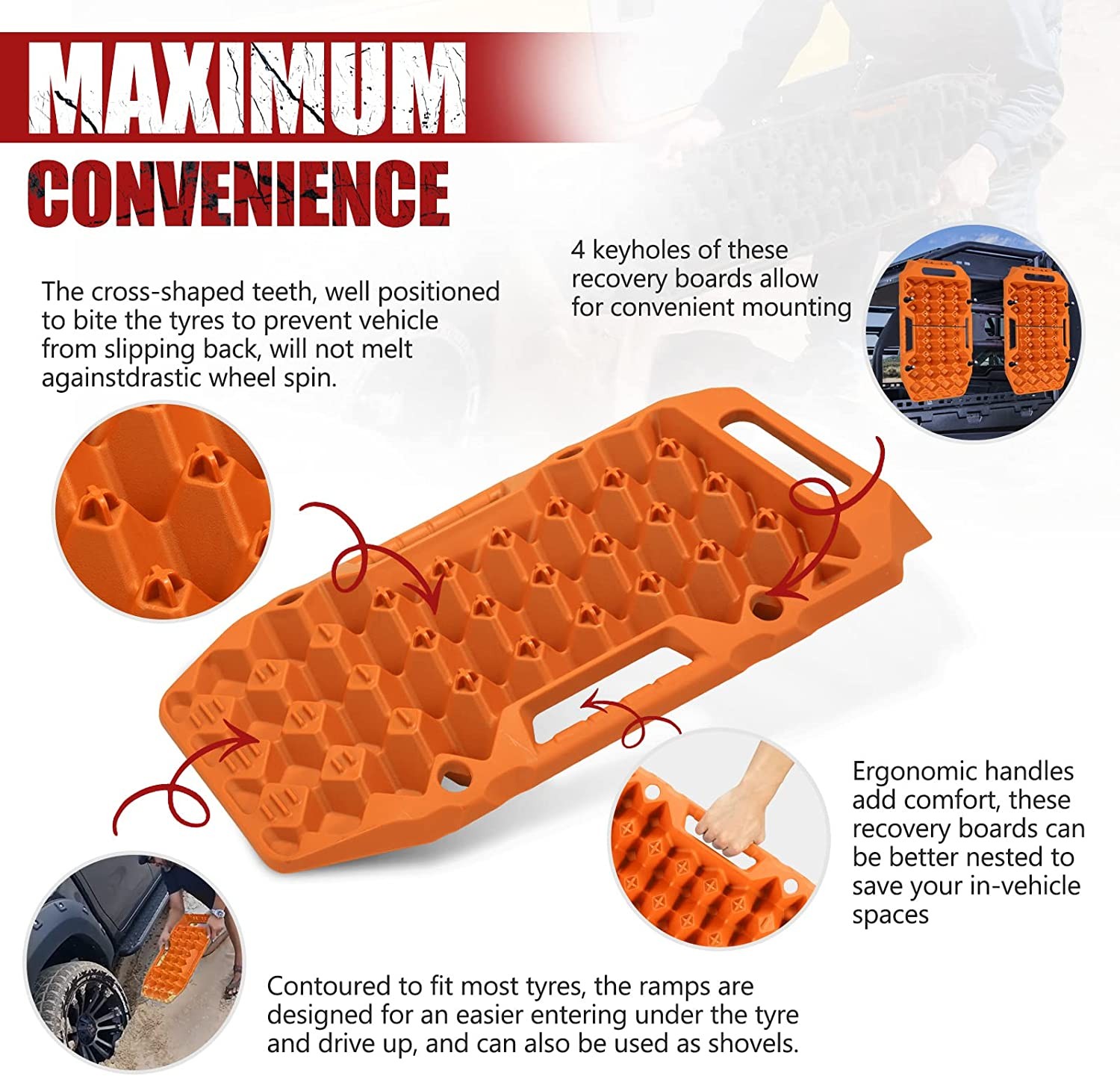 BUNKER INDUST Offroad Traction Boards with Jack Base,Pair Multifunctional Recovery Tracks Tire Traction Mat Snow Mud Sand Ramp-Orange 4X4 ATV UTV Car Traction Pads with Carry Bag