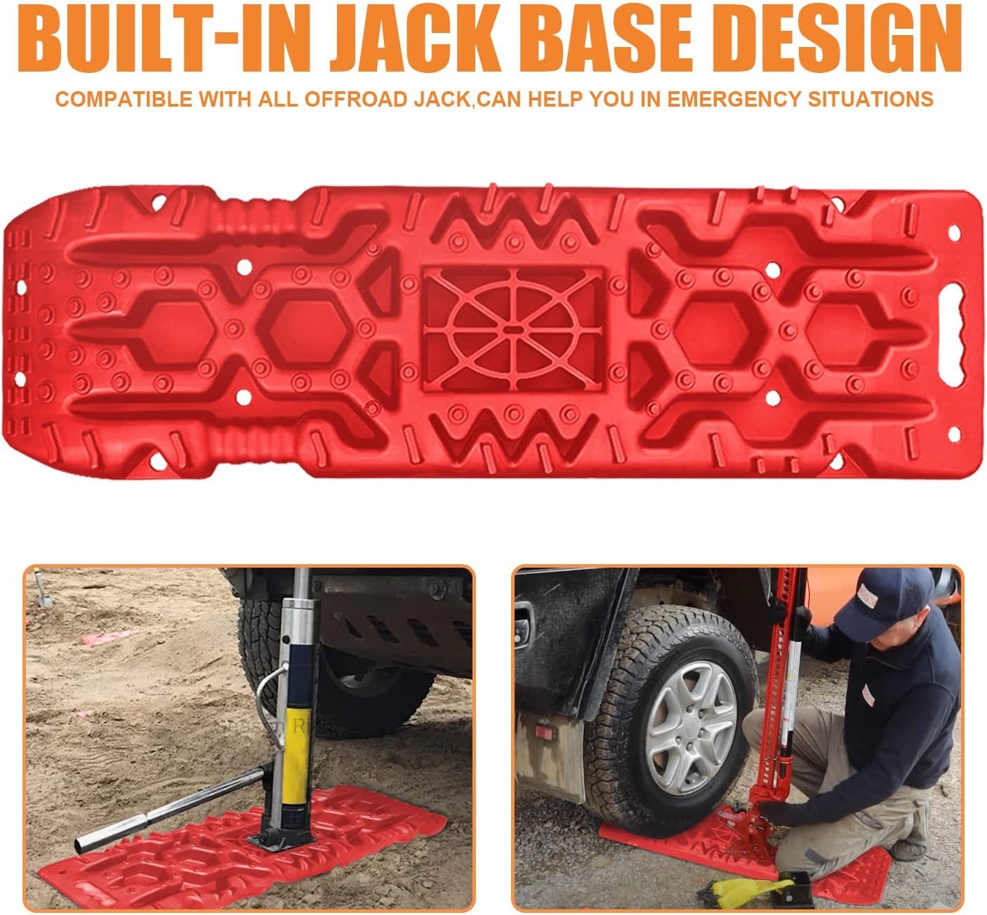 ORCISH New Recovery Traction Boards with Jack Lift Base- 2 Pcs Traction Mat for Sand Mud Snow Track Tire Ladder 4X4 - Recovery Traction Tracks. (4Gen +Mounting Pins, red)