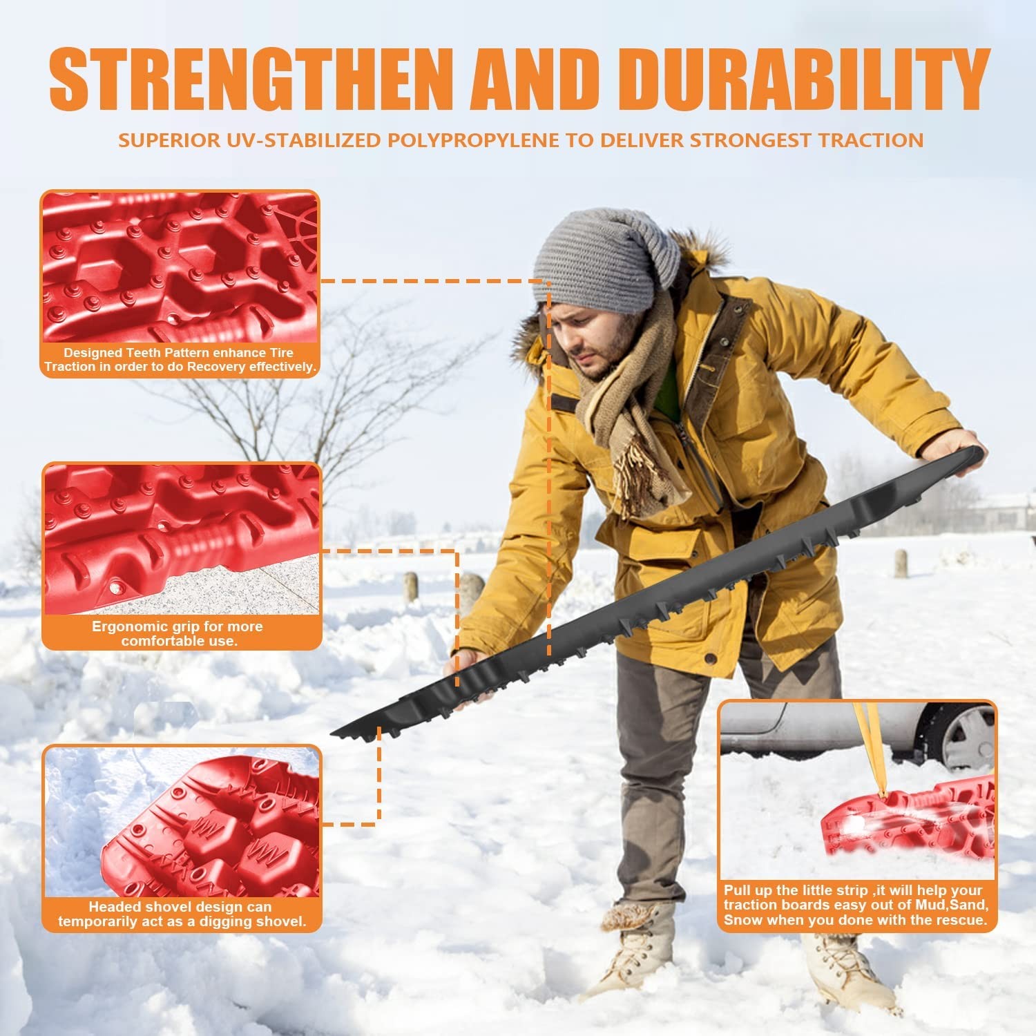 ORCISH New Recovery Traction Boards with Jack Lift Base- 2 Pcs Traction Mat for Sand Mud Snow Track Tire Ladder 4X4 - Recovery Traction Tracks. (4Gen +Mounting Pins, red)