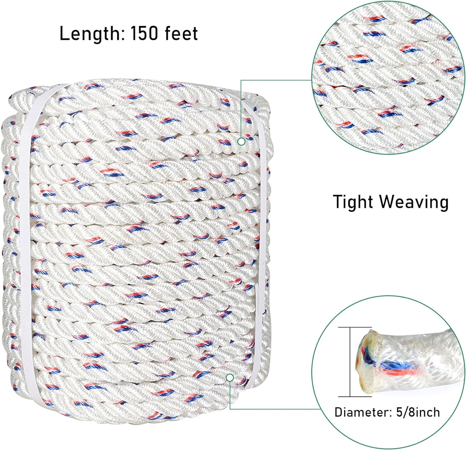 elfinrm 5/8 Inch x 150 Feet Double Braid Polyester Rope, Arborist Bull Rope High Strength Polyester Rope for Tying Goods, Clothesline, Swing Etc(White/Red/Blue)