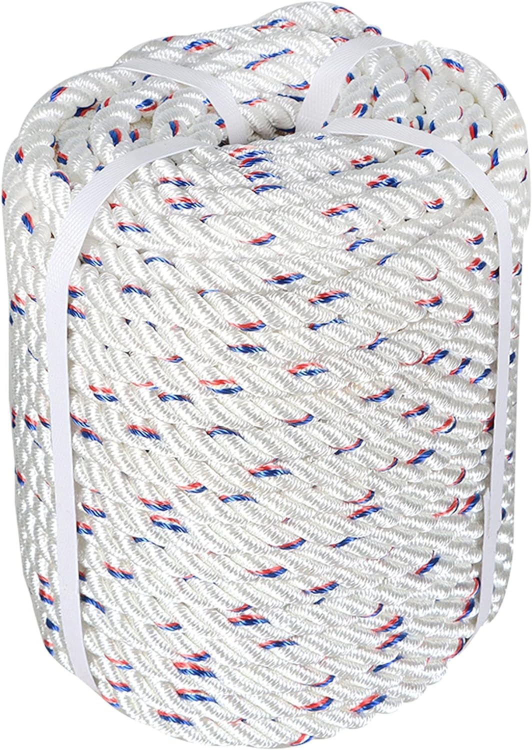 elfinrm 5/8 Inch x 150 Feet Double Braid Polyester Rope, Arborist Bull Rope High Strength Polyester Rope for Tying Goods, Clothesline, Swing Etc(White/Red/Blue)