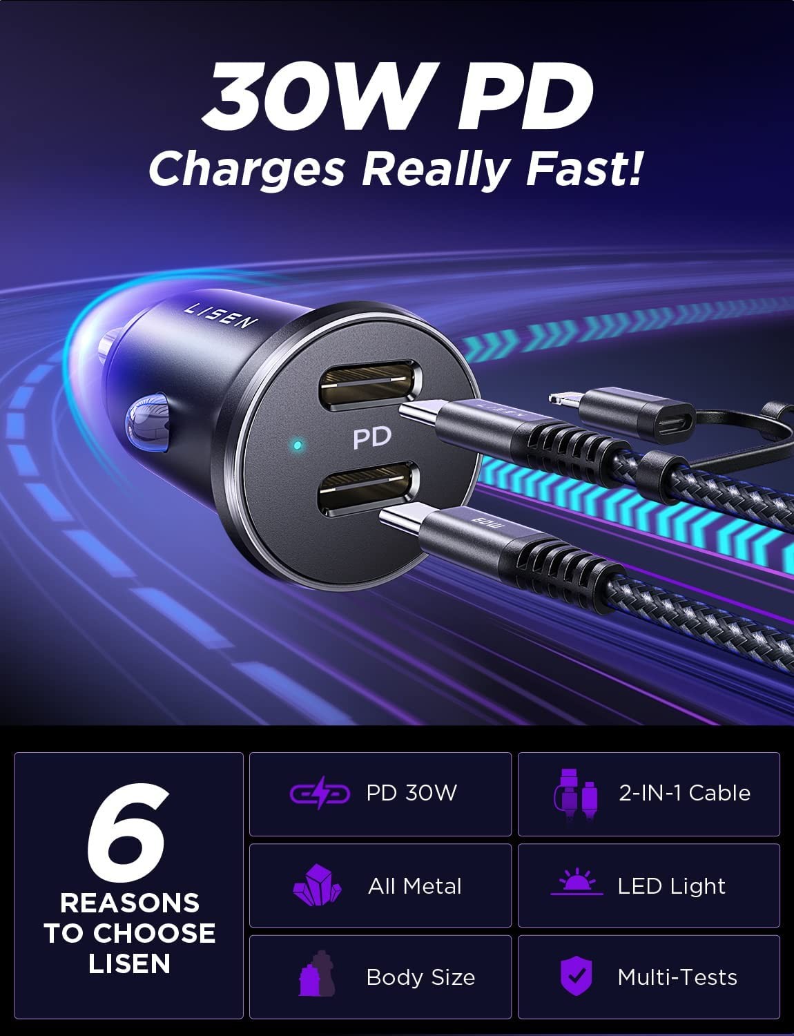USB C Car Charger-LISEN [Dual PD 30W Fast Charging] Type C Car Cigarette Lighter USB Charger [3.3FT Nylon Braided C to C/L Cable] iPhone Car Charger Adapter for iPhone, Samsung, iPad, Google Pixel