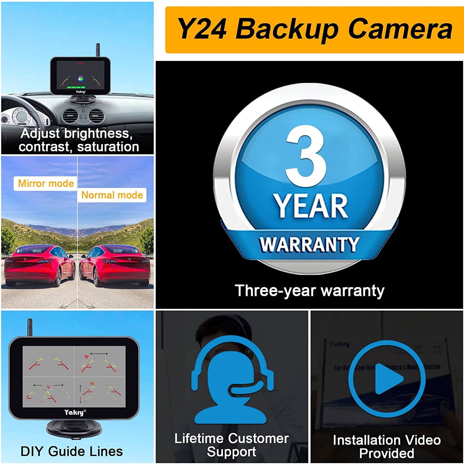 Wireless Backup Camera HD 1080P 5 Inch Monitor 2 Channels Kit System Bluetooth Hitch Rear View Reverse Cam Truck Car Camper RV Minivan Waterproof Night Vision DIY Gridlines Yakry Y24
