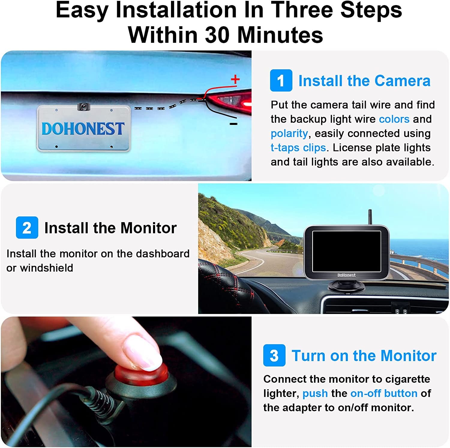DoHonest Wireless Backup Camera HD 1080P 5“ Split Screen Monitor System for Truck Car Camper Small RV Bluetooth Rear View Cam 2.4G Stable Digital Signal Two Channels Night Vision Waterproof V25