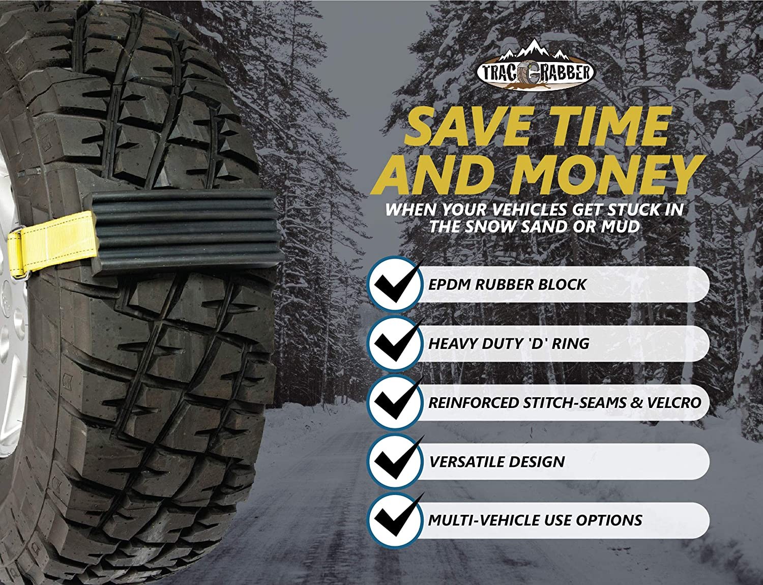 TRACGRABBER Tire Traction Device for Trucks & Large SUVs, Set of 2 -Easy to Install Anti Skid Emergency Tire Straps to Get Unstuck from Snow, Mud, & Sand -A Snow Traction Mat or Tire Chain Alternative
