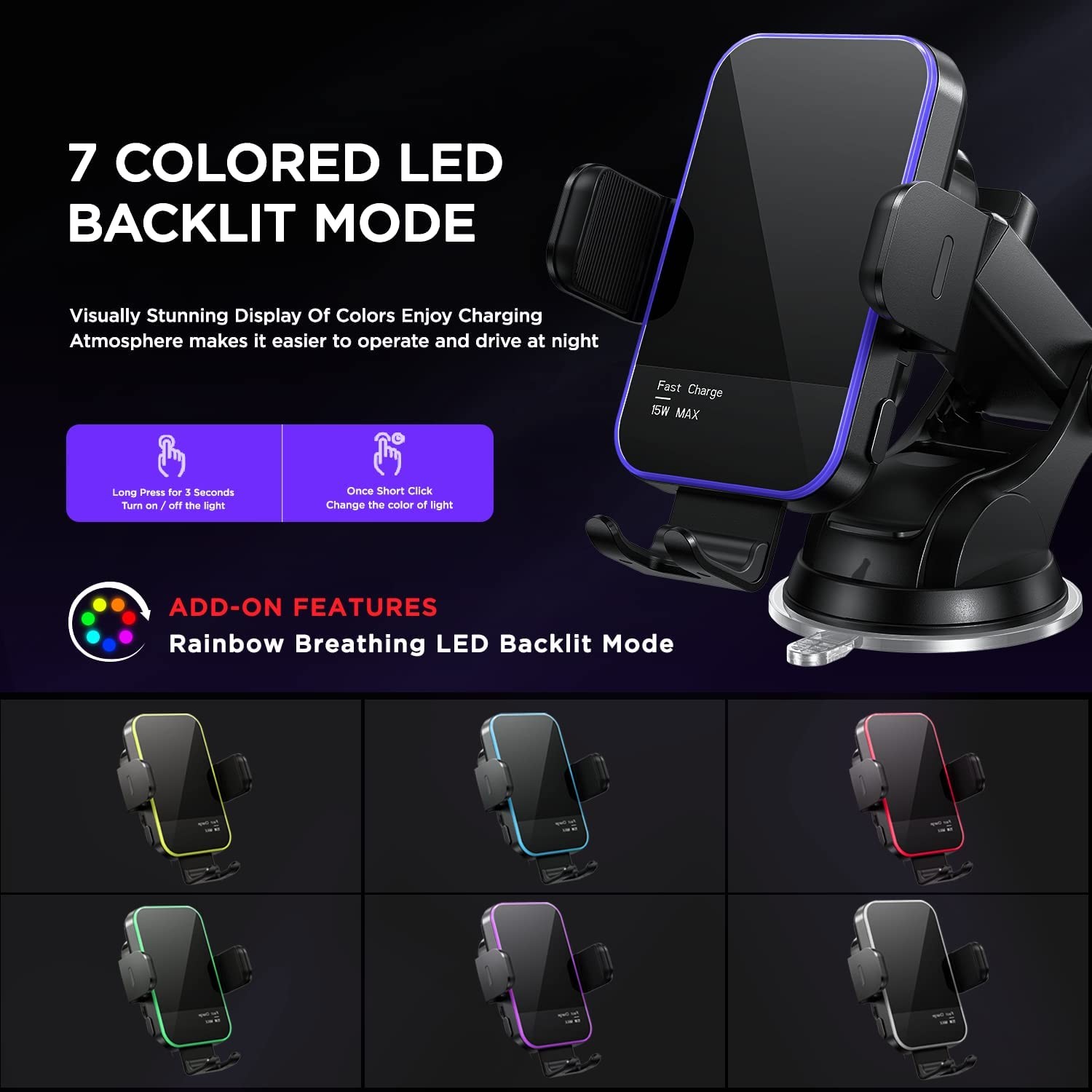 Wireless Car Charger,【7 Colored LED Backlit】 Mosurr 15W Auto Clamping Car Charger Phone Mount Holder for iPhone 14 13 12 Mini Pro Max 11 XR XS X, Samsung Galaxy S23 Ultra S22 S21+ S10+ Note 20, etc