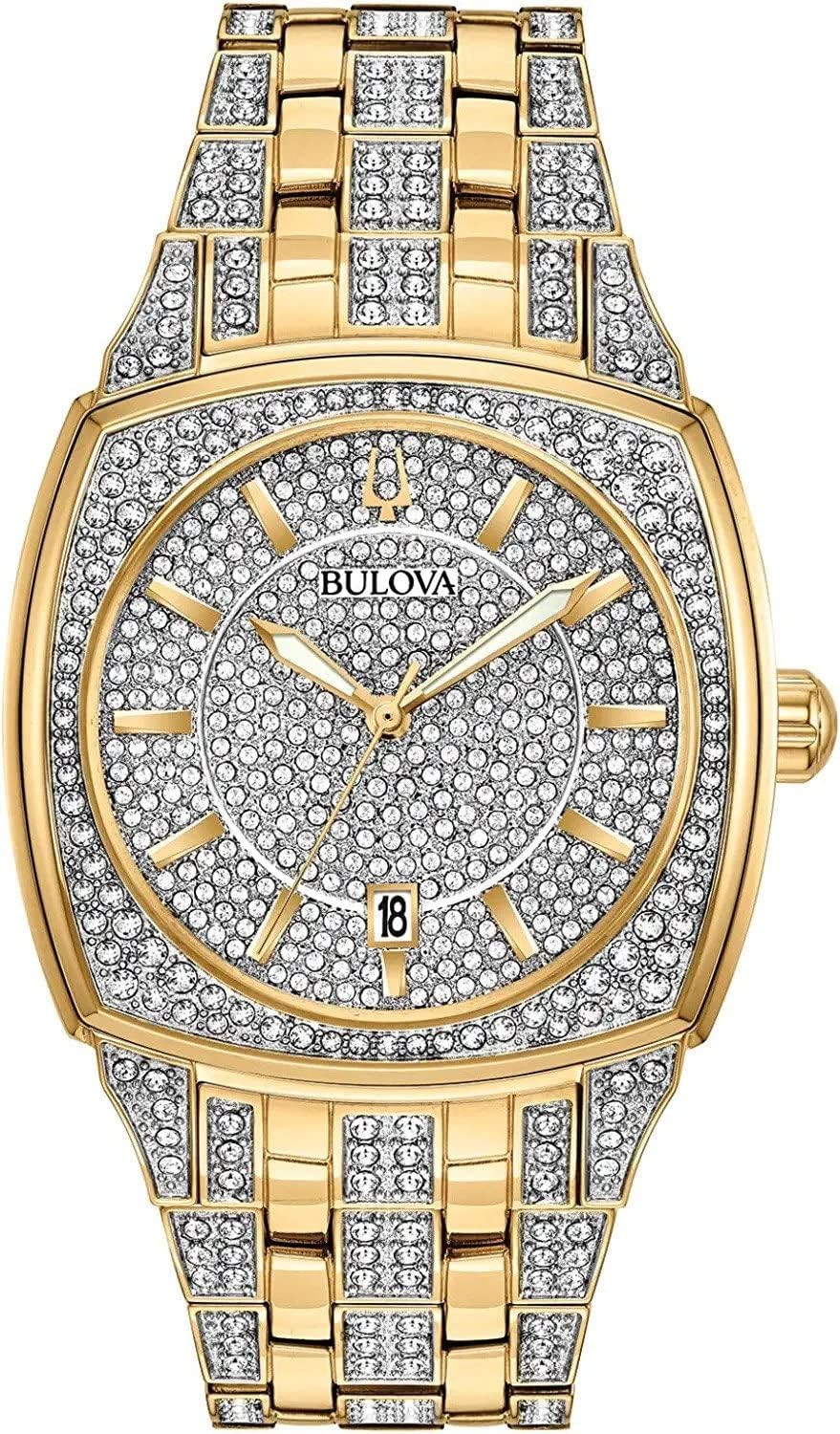 Bulova Men s Crystal Phantom 3-Hand Date Quartz Cushion Shaped Case Watch, Pave Crystal Dial, 40mm