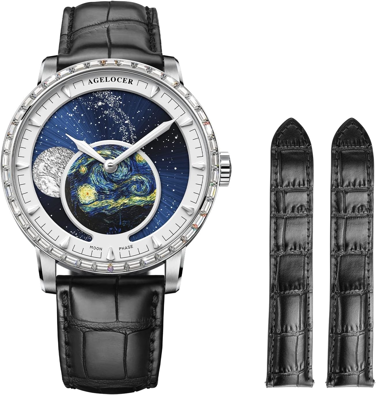 AGELOCER Original Men Watch with 3D Moon Phase Watch Dial, Luxury Automatic Mechanical Watch for Business, Dating, Casual, Comes with Extra Leather Starp
