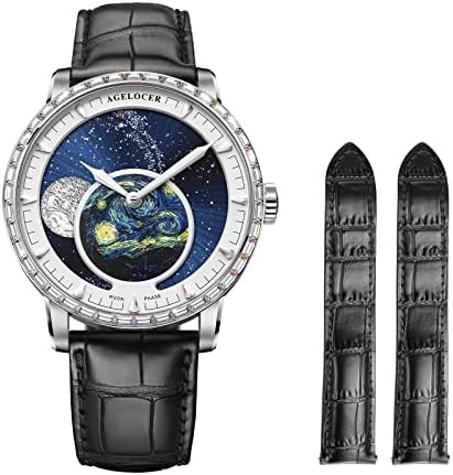 AGELOCER Original Men Watch with 3D Moon Phase Watch Dial, Luxury Automatic Mechanical Watch for Business, Dating, Casual, Comes with Extra Leather Starp
