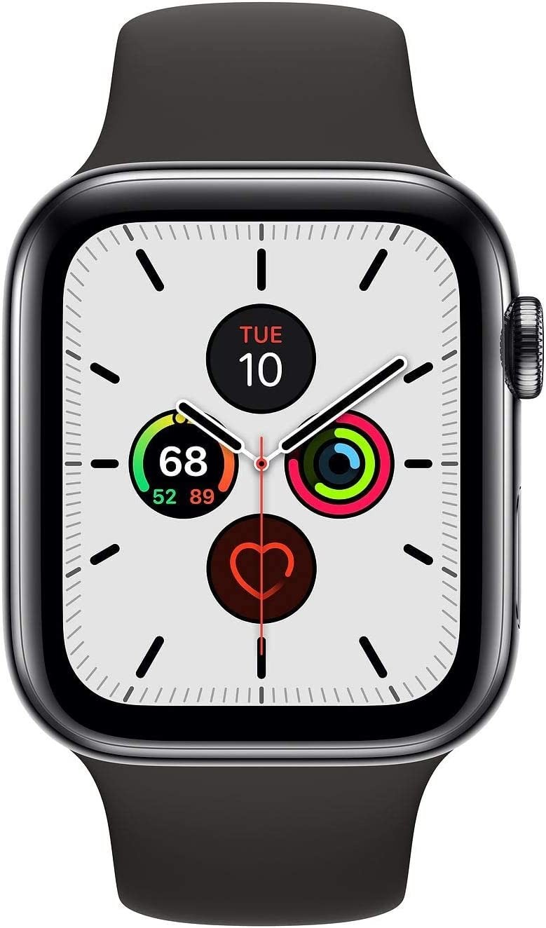 Apple Watch Series 5 (GPS + Cellular, 44MM) Space Black Stainless Steel Case with Black Sport Band (Renewed)