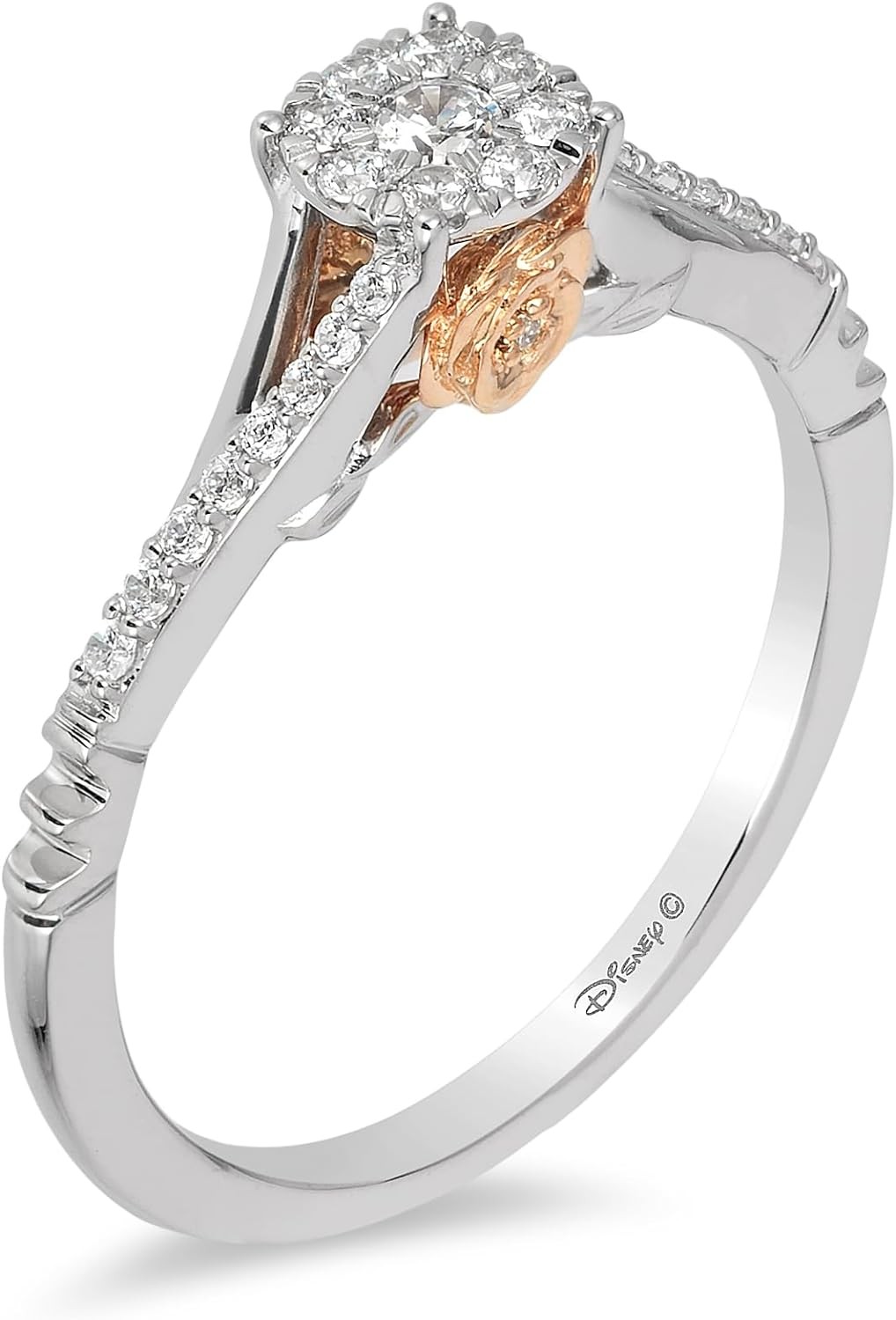 Jewelili Enchanted Disney Fine Jewelry 10K White Gold and Rose Gold 1/5 Cttw Diamond Belle Promise Ring