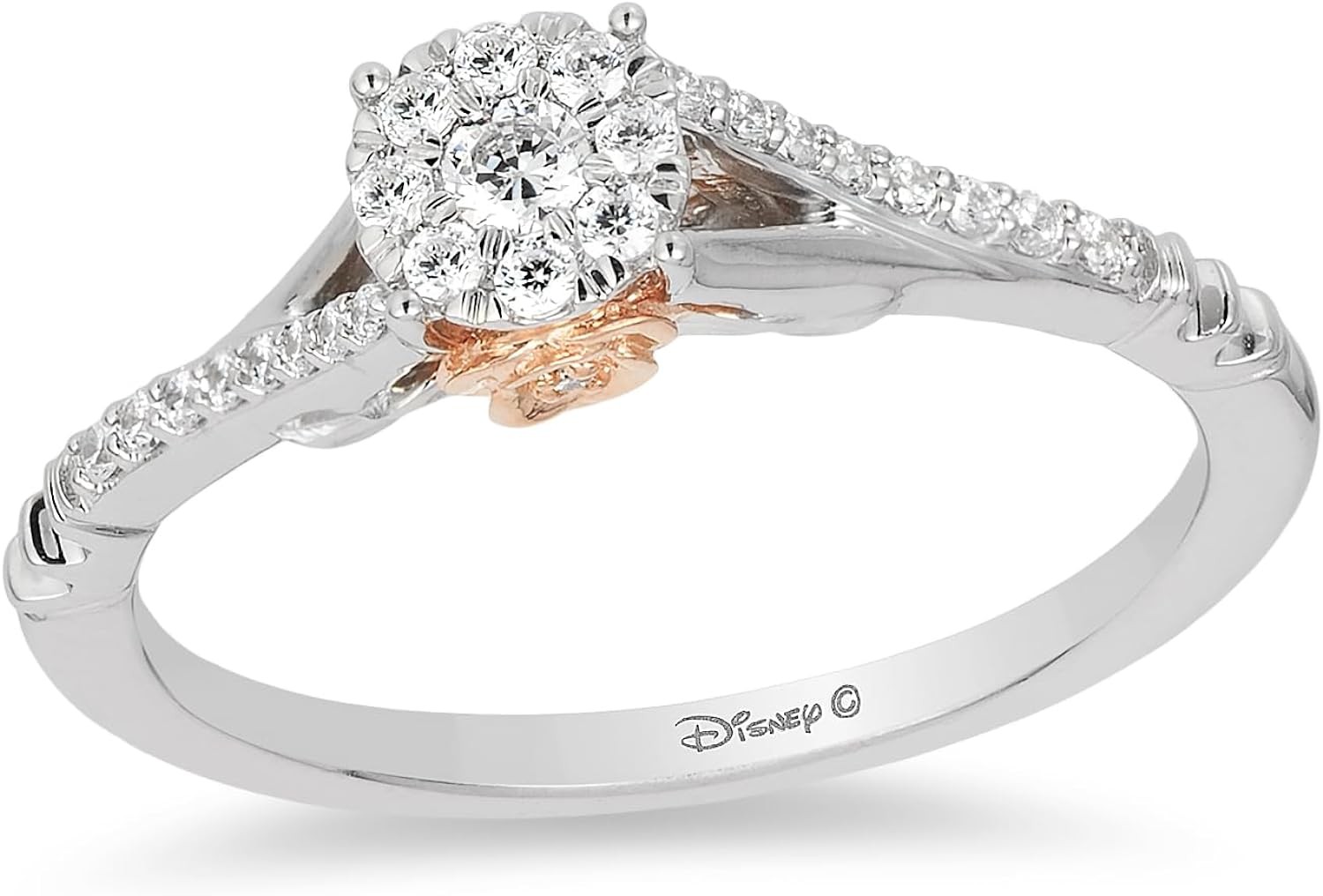 Jewelili Enchanted Disney Fine Jewelry 10K White Gold and Rose Gold 1/5 Cttw Diamond Belle Promise Ring