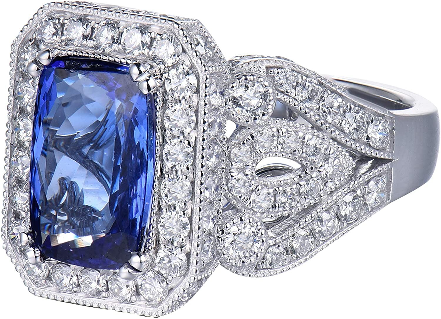 Lanmi 14K White Gold Natural AAAAA Blue Tanzanite Diamonds Rings Engagement Wedding Band for Women