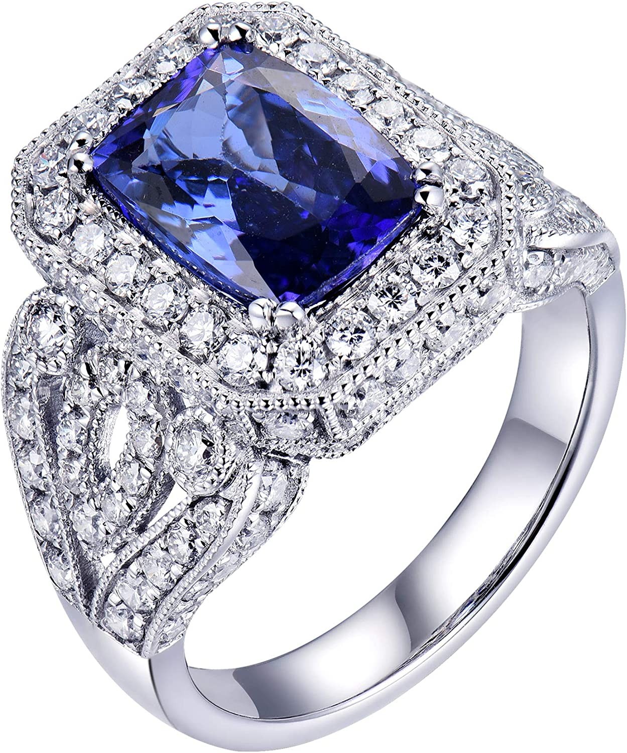 Lanmi 14K White Gold Natural AAAAA Blue Tanzanite Diamonds Rings Engagement Wedding Band for Women