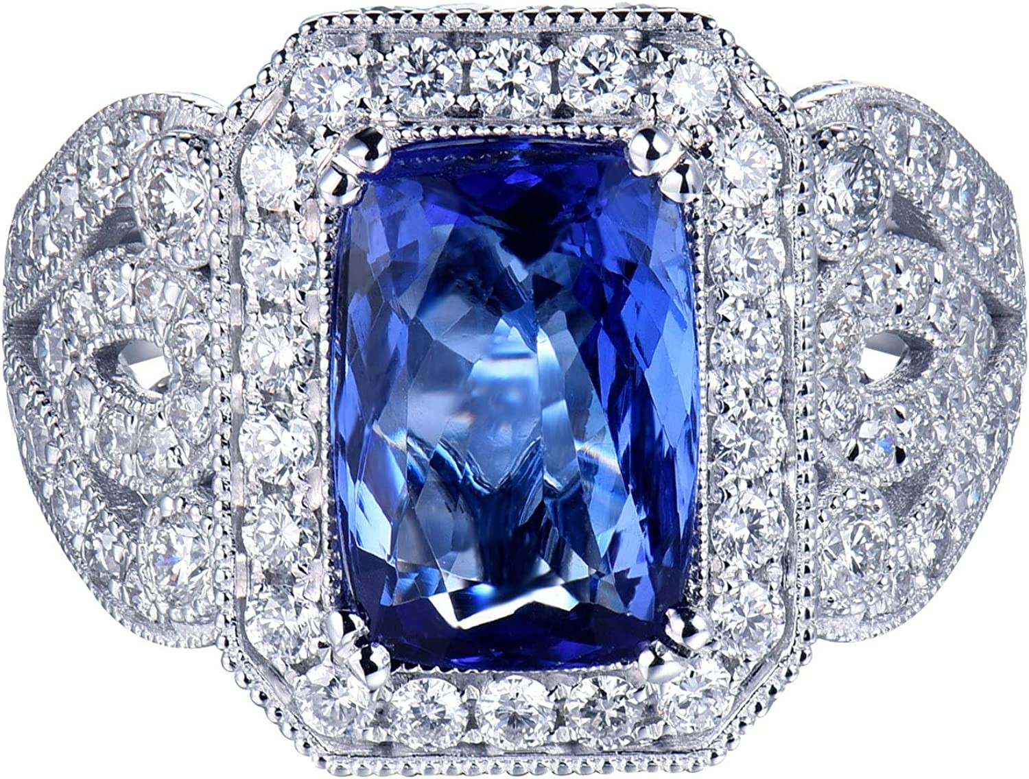 Lanmi 14K White Gold Natural AAAAA Blue Tanzanite Diamonds Rings Engagement Wedding Band for Women