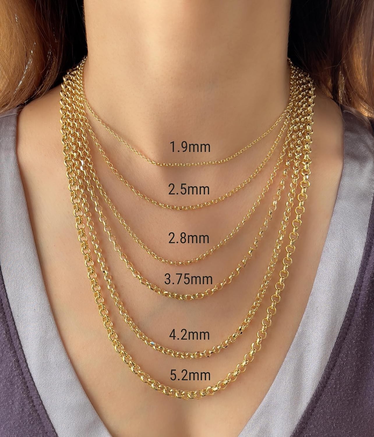 JEWELHEART 14K Real Gold Rolo Chain 1.9mm 2.5mm 2.8mm 3.75mm 4.2mm 5.2mm Diamond Cut Trendy Round Link Chain Pendant Necklace For Women Girls 16" 18" 20" 22" 24"