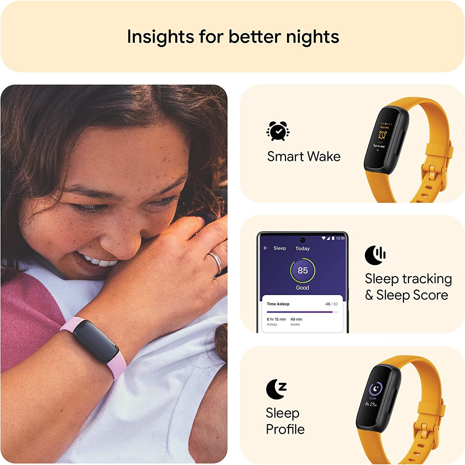 Fitbit Inspire 3 Health & Fitness Tracker with Stress Management, Workout Intensity, Sleep Tracking, 24/7 Heart Rate and more, Morning Glow/Black, One Size (S & L Bands Included)