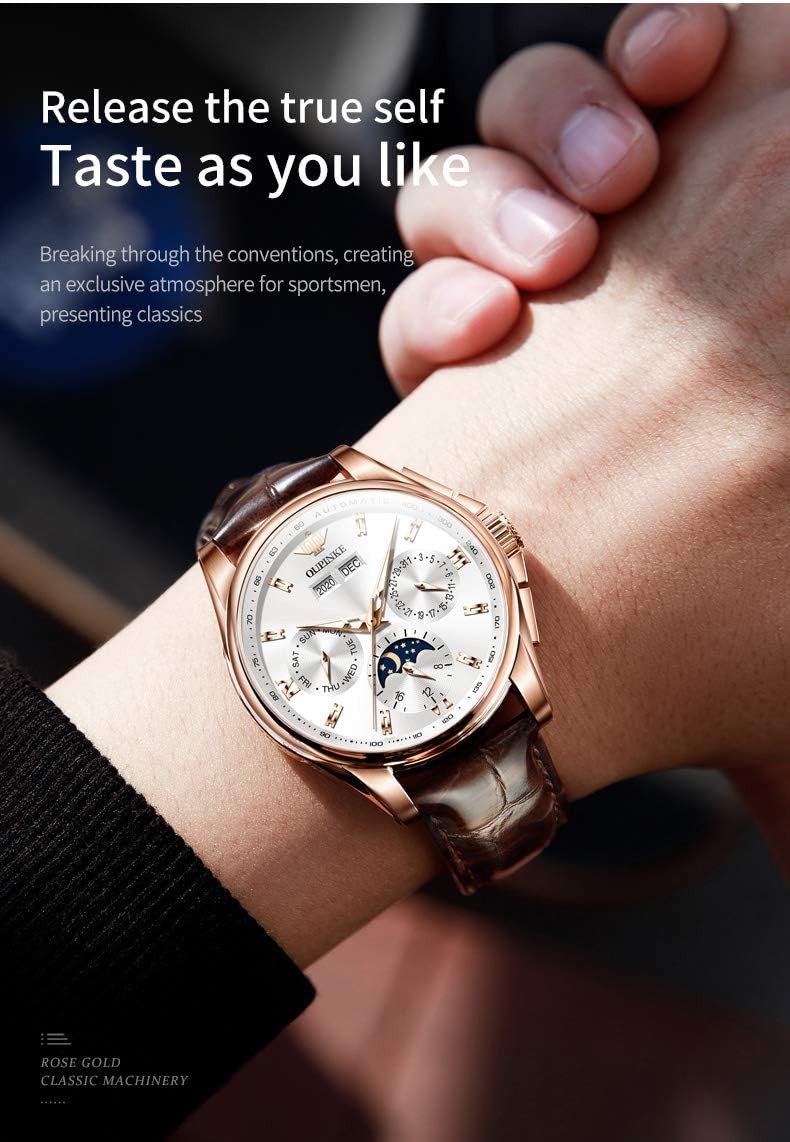 OLEVS Dress Watches for Men Brown/Black Leather Strap Automatic Self Winding Wrist Watch with Waterproof Moon Phase Sapphire Crystal Diamond Dial
