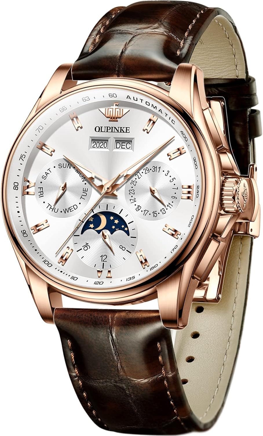 OLEVS Dress Watches for Men Brown/Black Leather Strap Automatic Self Winding Wrist Watch with Waterproof Moon Phase Sapphire Crystal Diamond Dial