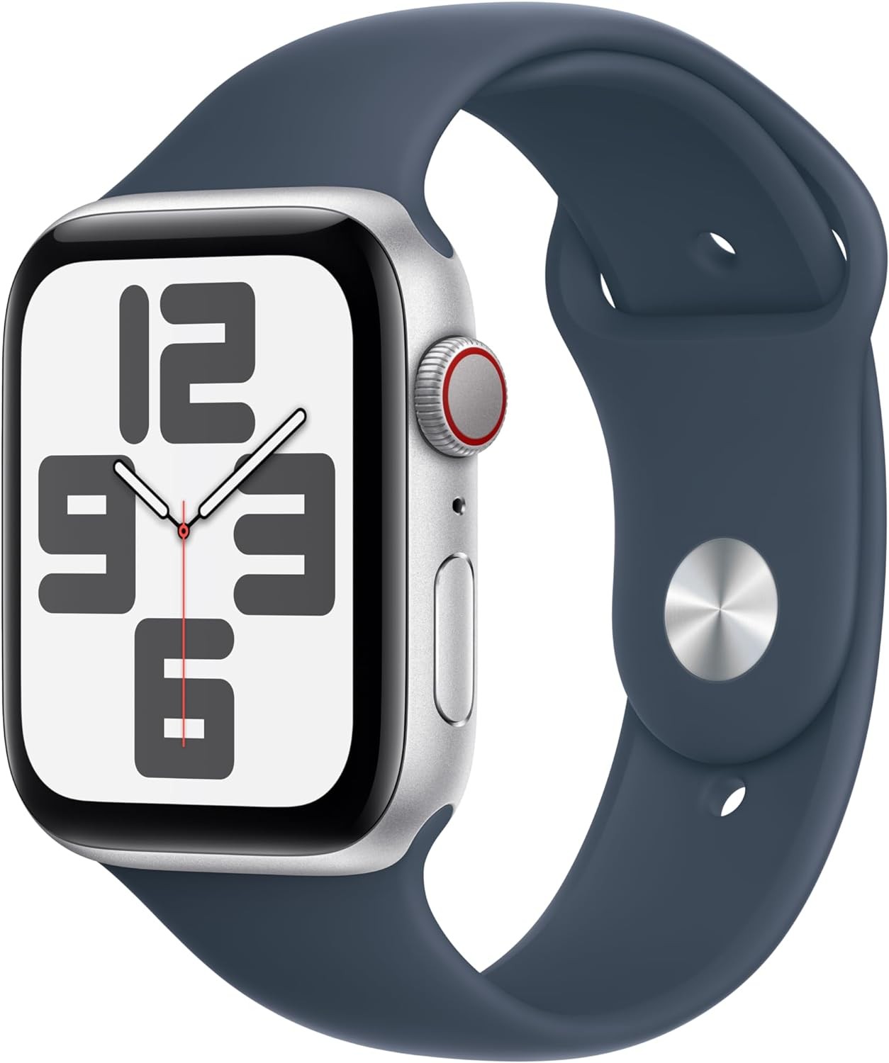 Apple Watch SE (2nd Gen) [GPS + Cellular 44mm] Smartwatch with Silver Aluminum Case with Storm Blue Sport Band Sport Band M/L. Fitness & Sleep Tracker, Crash Detection, Heart Rate Monitor