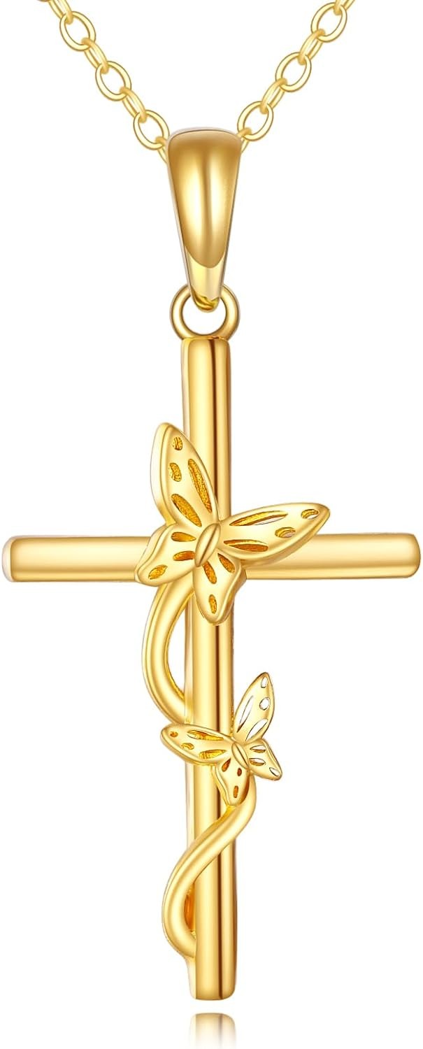 KECHO 14K Solid Gold Cross Pendant Necklace14K Real Gold Religious Jewelry Gift for Men Women