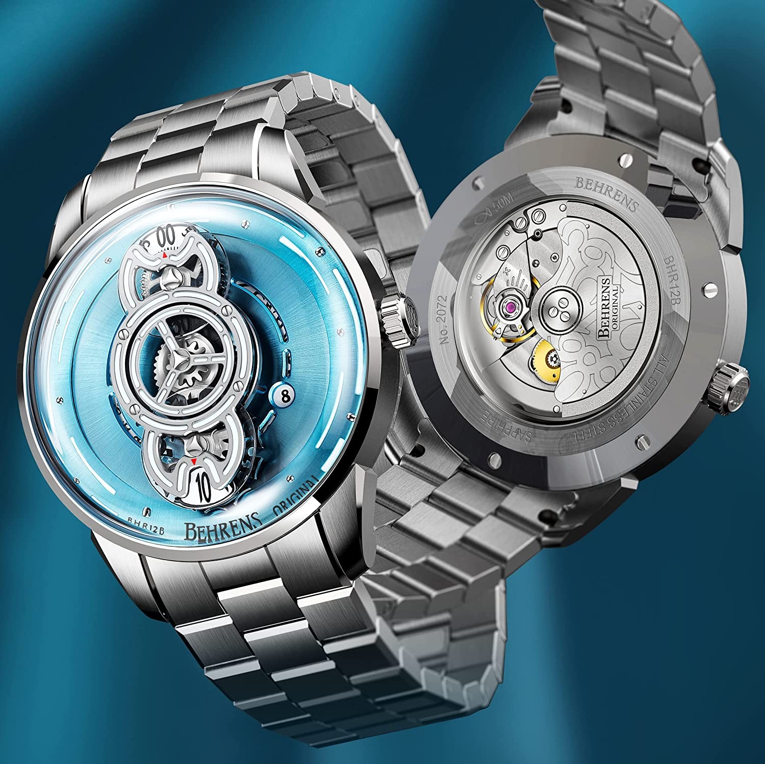 Behrens Watch for Men Unique Design Automatic Watch Swiss GPHG 2020 Skeleton Sapphire Steampunk