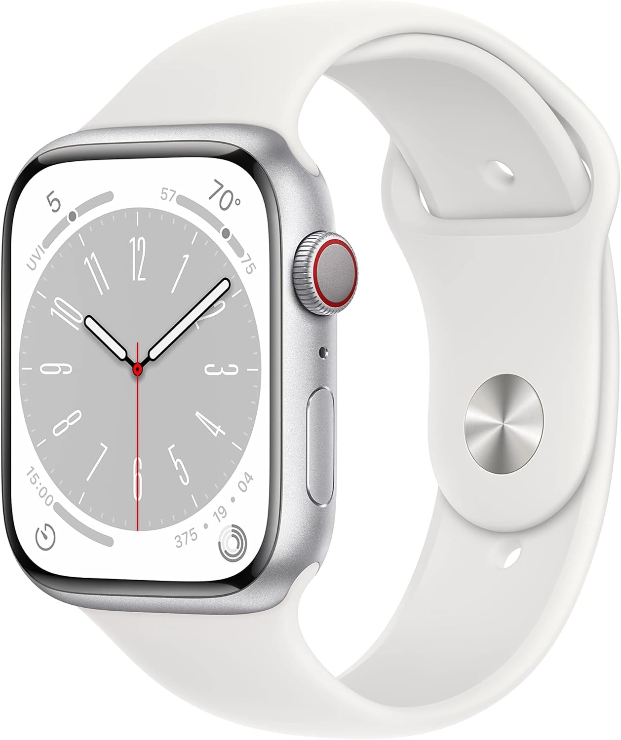Apple Watch Series 8 [GPS + Cellular 45mm] Smart Watch w/Silver Aluminum Case with White Sport Band - M/L. Fitness Tracker, Blood Oxygen & ECG Apps, Always-On Retina Display, Water Resistant
