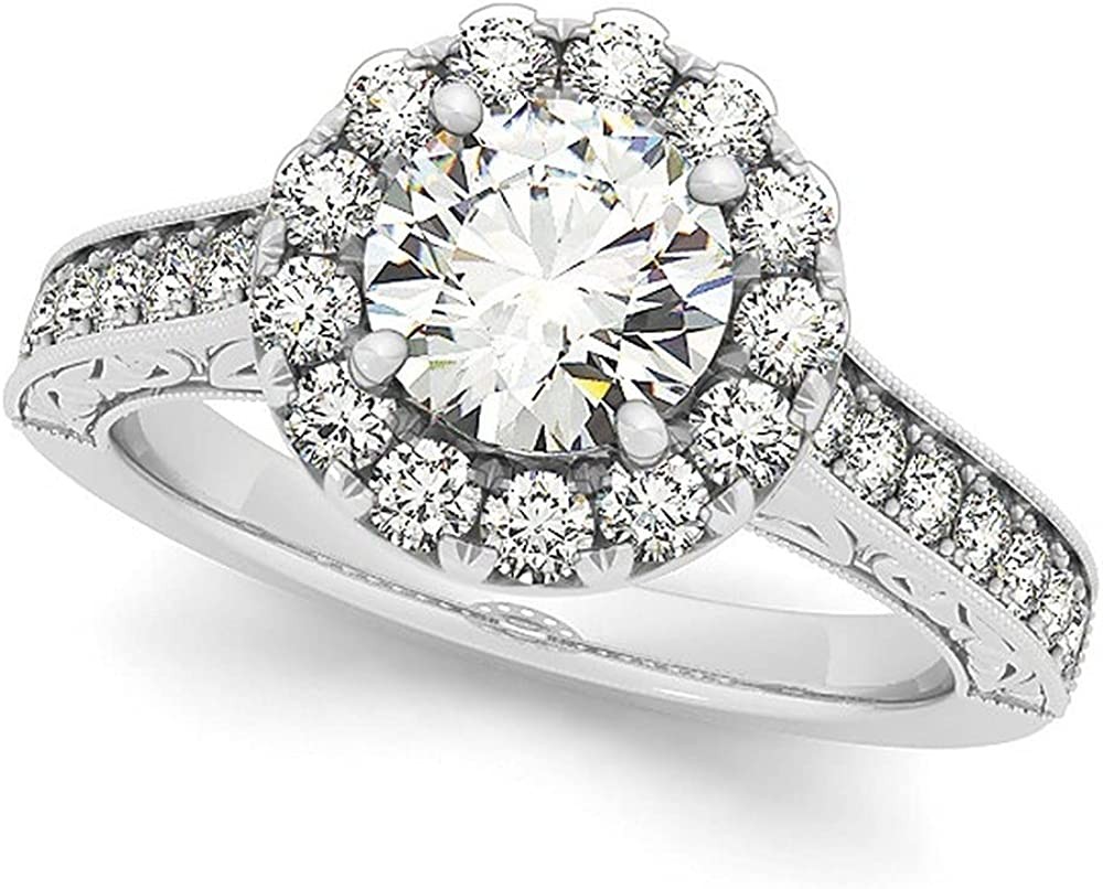 Diamond Halo Bridal Set w/Flower Engagement Ring and Semi-Eternity Wedding Band 14k White Gold 2.96ct