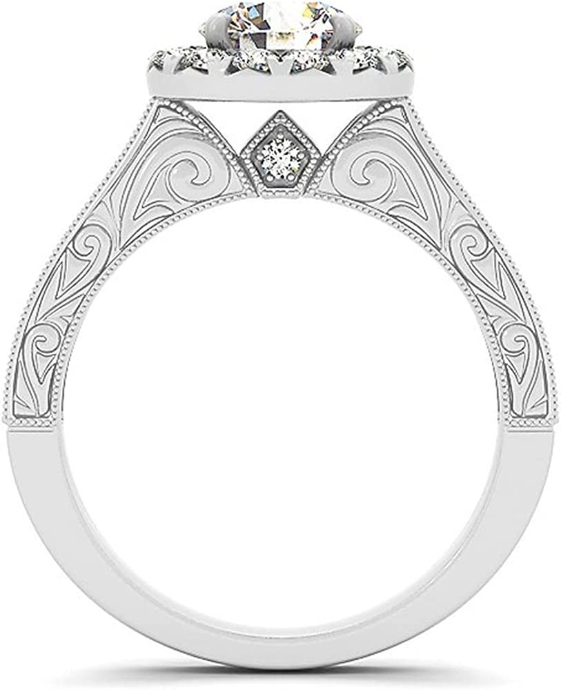 Diamond Halo Bridal Set w/Flower Engagement Ring and Semi-Eternity Wedding Band 14k White Gold 2.96ct