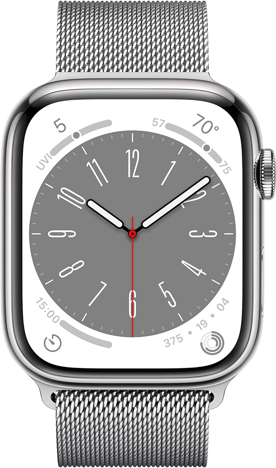 Apple Watch Series 8 [GPS + Cellular 45mm] Smart Watch w/ Silver Stainless Steel Case with Silver Milanese Loop with AppleCare+ (2 Years)