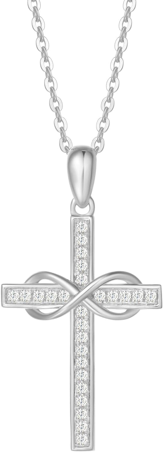 FANCIME 14k Solid Gold 0.13cttw Genuine Diamond Crucifix Cross Infinity Forever Love Pendant Necklace Fine Jewelry Birthday Mother s Day Gifts for Women Girls, 16"+2" Extender