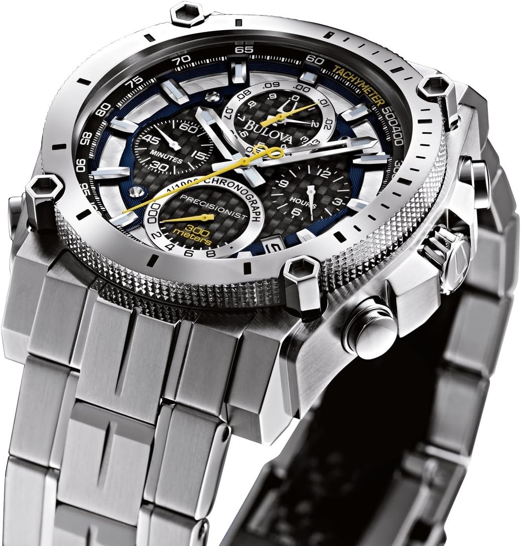 Bulova Men s Icon High Precision Quartz Chronograph Watch, Curved Mineral Crystal, 300m Water Resistant, Continous Sweeping Secondhand, Luminous Markers