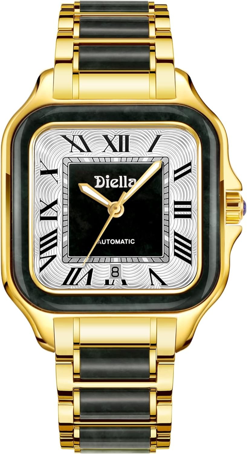 Diella Rectangle Mens Wrist Watch, Automatic Self Winding Watches for Men with Jade & Stainless Steel Watch, Roman Numerals Analog Watch with Date, Waterproof