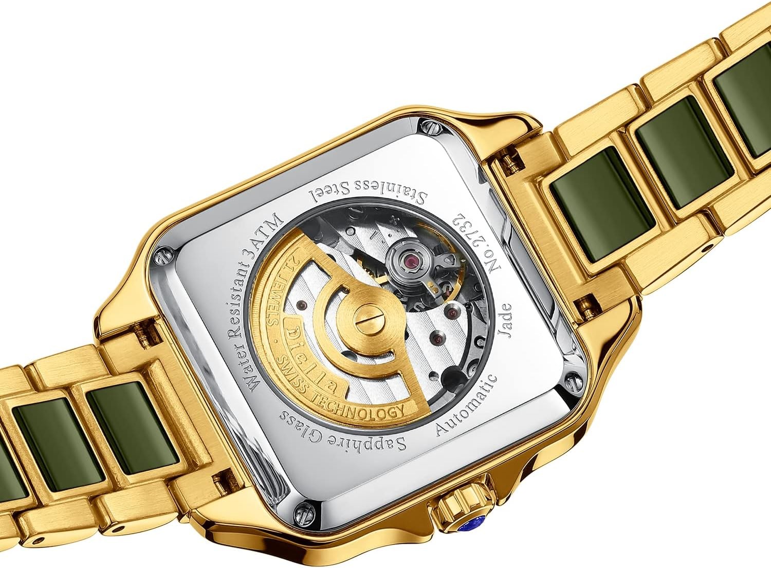 Diella Rectangle Mens Wrist Watch, Automatic Self Winding Watches for Men with Jade & Stainless Steel Watch, Roman Numerals Analog Watch with Date, Waterproof