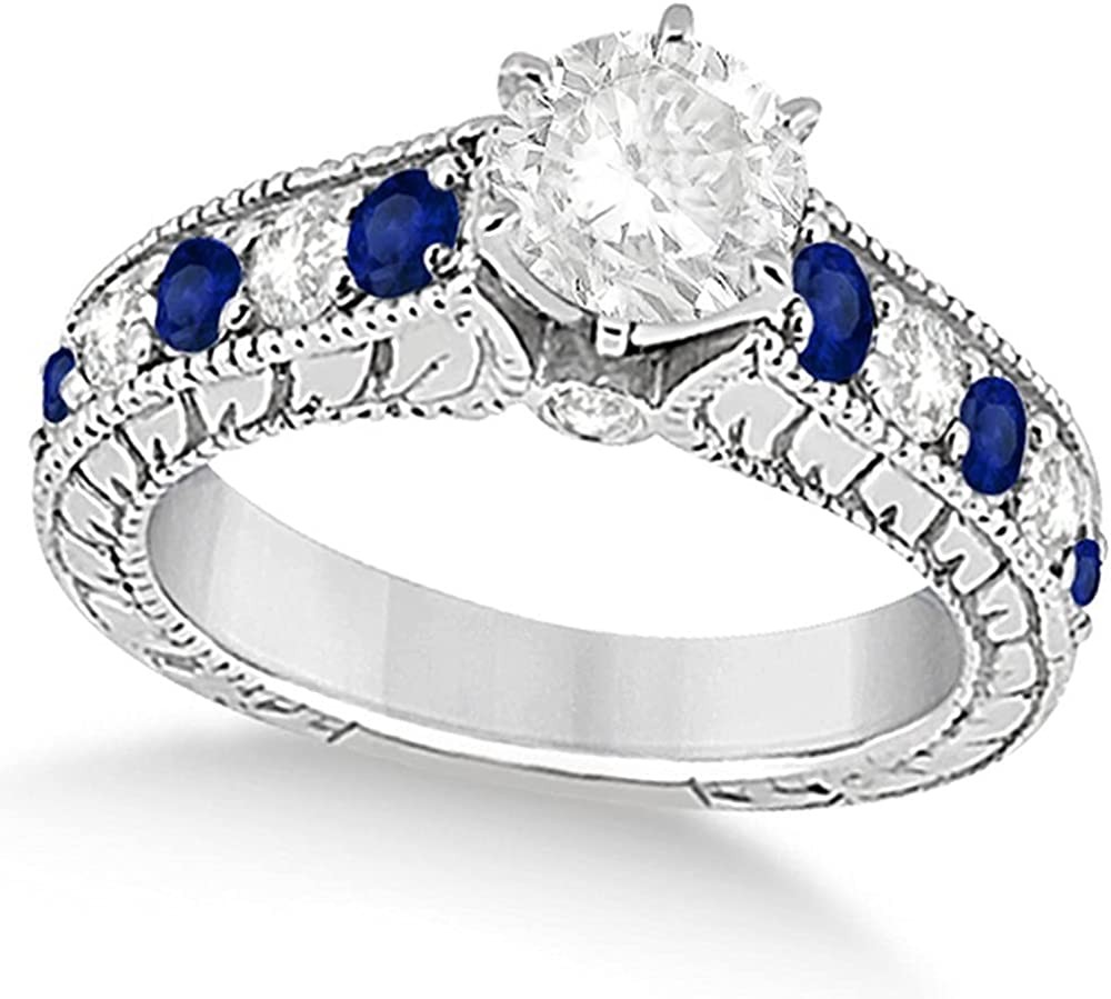 Women s Antique Diamond and Blue Sapphire Bridal Ring Set in Platinum (3.87ct)