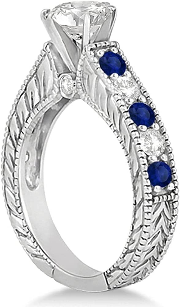 Women s Antique Diamond and Blue Sapphire Bridal Ring Set in Platinum (3.87ct)