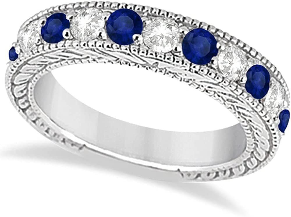 Women s Antique Diamond and Blue Sapphire Bridal Ring Set in Platinum (3.87ct)
