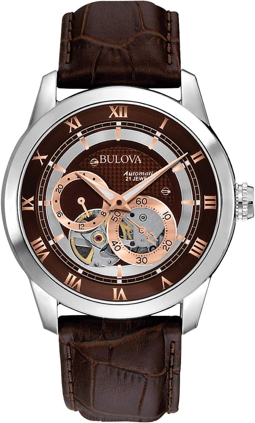 Bulova Men s Classic Sutton 4-Hand Automatic Watch, 24-Hour Sub Dial, Open Aperture, Self-Winding, Exhibition Caseback, Double Curved Mineral Crystal, Luminous Hands, 42mm