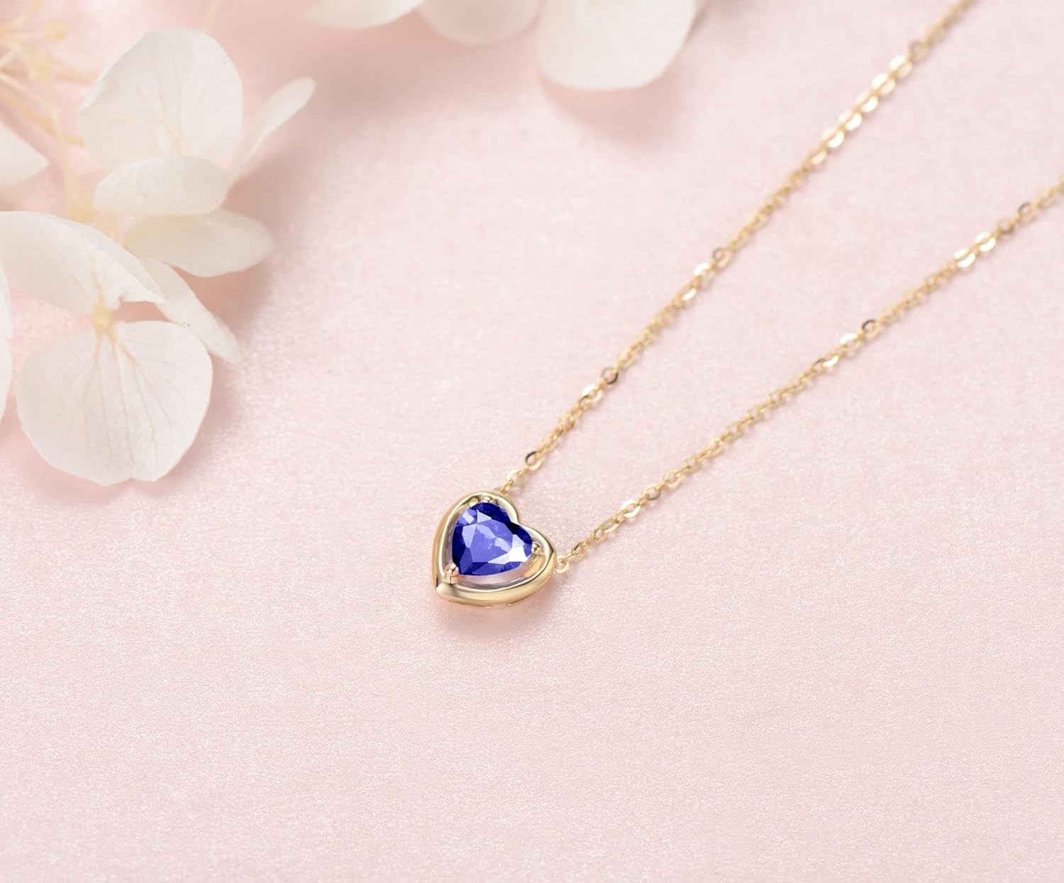 FANCIME 14K Solid Gold Gemstone Necklace Small Heart Shape Birthstone Solitaire Pendant Necklace Fine Jewelry Birthday Gift for Women Her, 16+2 Inch