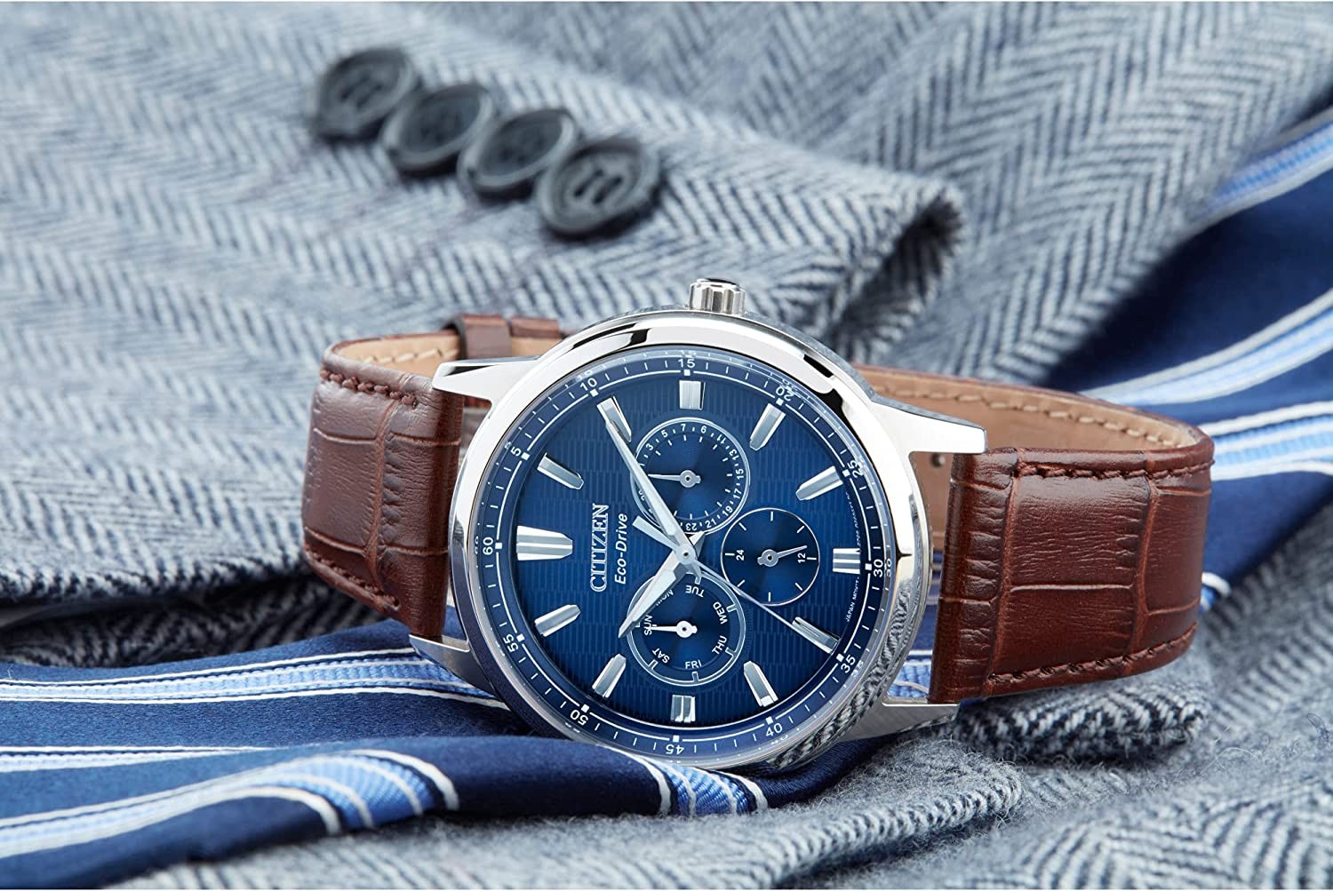 Men s Eco-Drive Corso Classic Watch in Stainless Steel with Brown Leather strap, Blue Dial (Model: BU2070-12L)