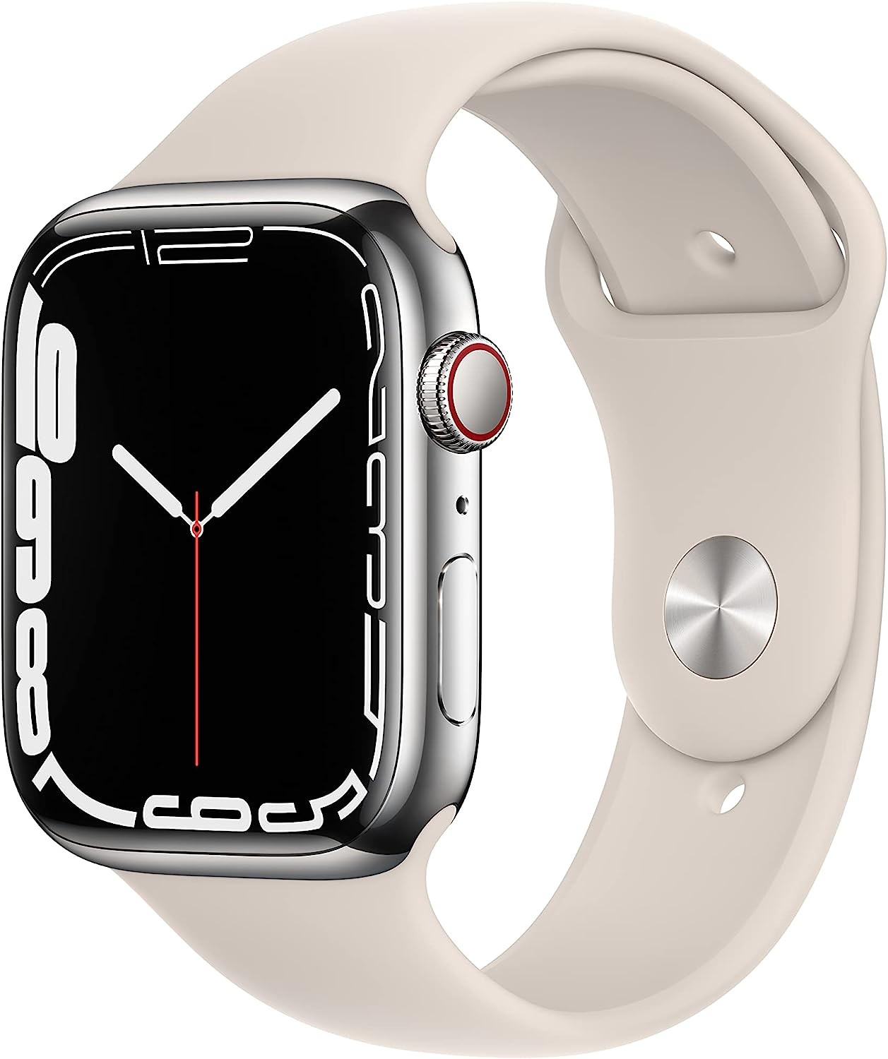 Apple Watch Series 7 [GPS + Cellular 45mm] Smart Watch w/Silver Stainless Steel Case with Starlight Sport Band. Fitness Tracker, Blood Oxygen & ECG Apps, Always-On Retina Display, Water Resistant