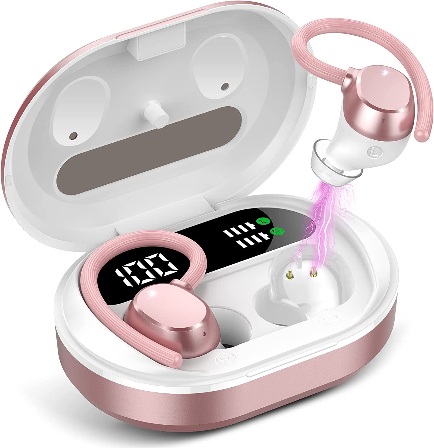 Wireless Earbuds, HiFi Stereo Bluetooth 5.3 Running Headphones with Dual LED Display 30Hrs Playtime, Built-in Mic, Type-C, in-Ear Bluetooth Earphones with Earhooks for Sport, Rose Gold