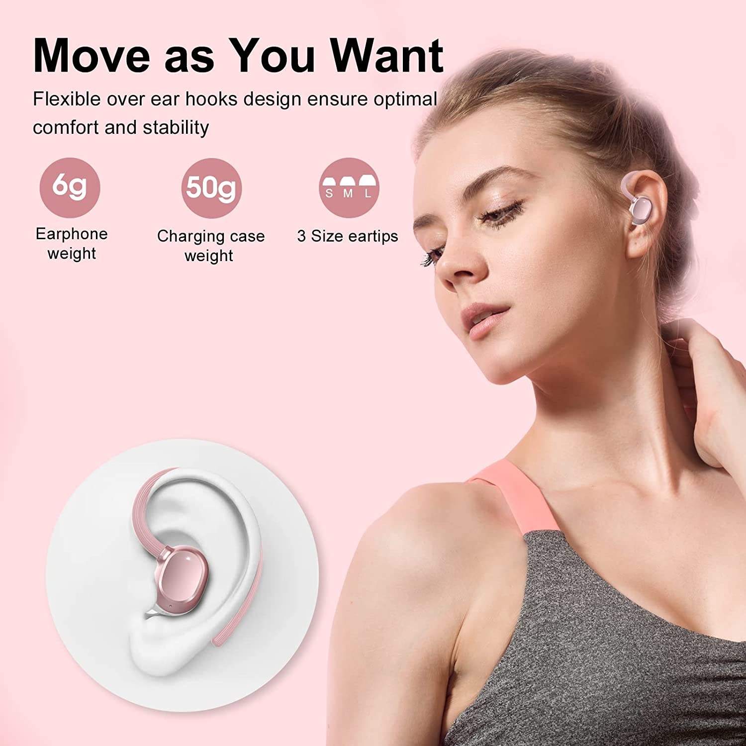 Wireless Earbuds, HiFi Stereo Bluetooth 5.3 Running Headphones with Dual LED Display 30Hrs Playtime, Built-in Mic, Type-C, in-Ear Bluetooth Earphones with Earhooks for Sport, Rose Gold