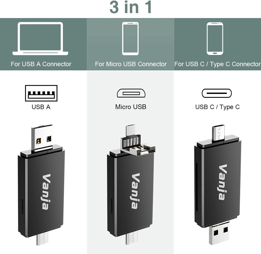 Vanja 3 in 1 Micro SD Card Reader, USB-C USB-A Micro USB Portable Memory Card Reader, Trail Camera SD Card Adapter for SD, SDXC, SDHC, MMC, RS-MMC, Micro SD, Micro SDXC, Micro SDHC and UHS-I Cards