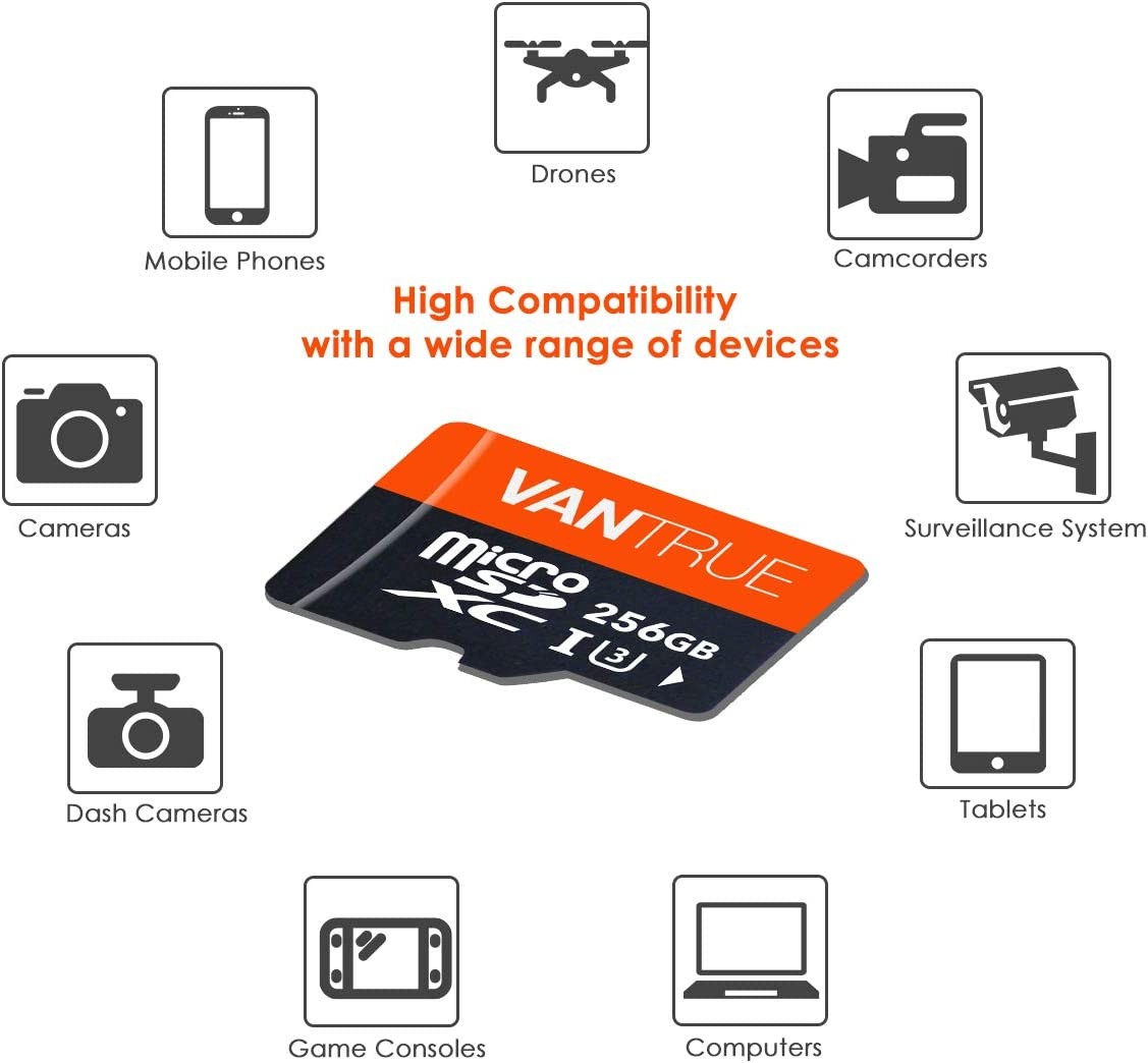 Vantrue 256GB microSDXC UHS-I U3 4K UHD Video High Speed Transfer Monitoring SD Card with Adapter for Dash Cams, Body Cams, Action Camera, Surveillance & Security Cams