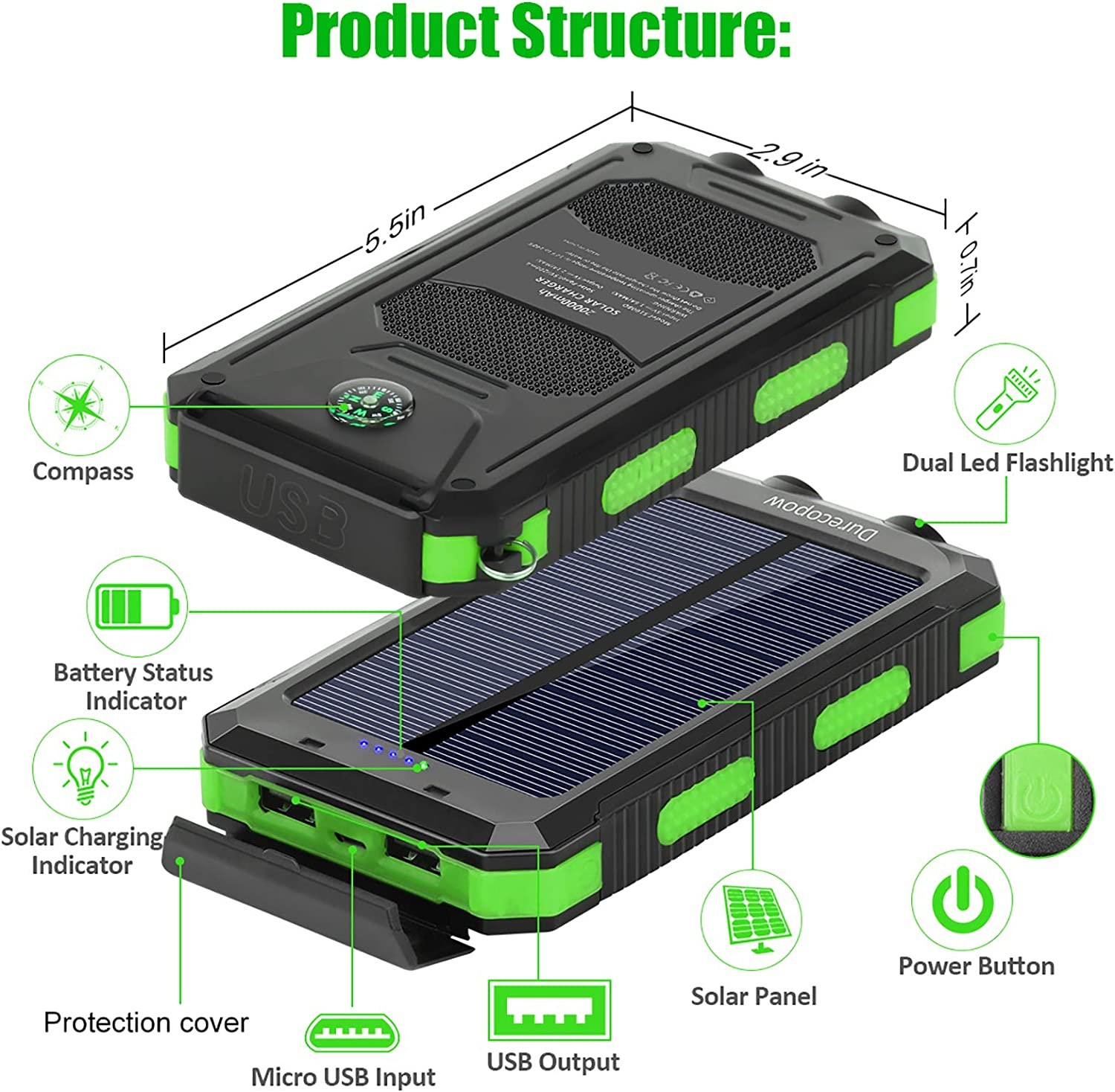 Solar Charger, Durecopow 20000mAh Portable Outdoor Waterproof Solar Power Bank, Camping External Backup Battery Pack Dual 5V USB Ports Output, 2 Led Light Flashlight with Compass (Green)