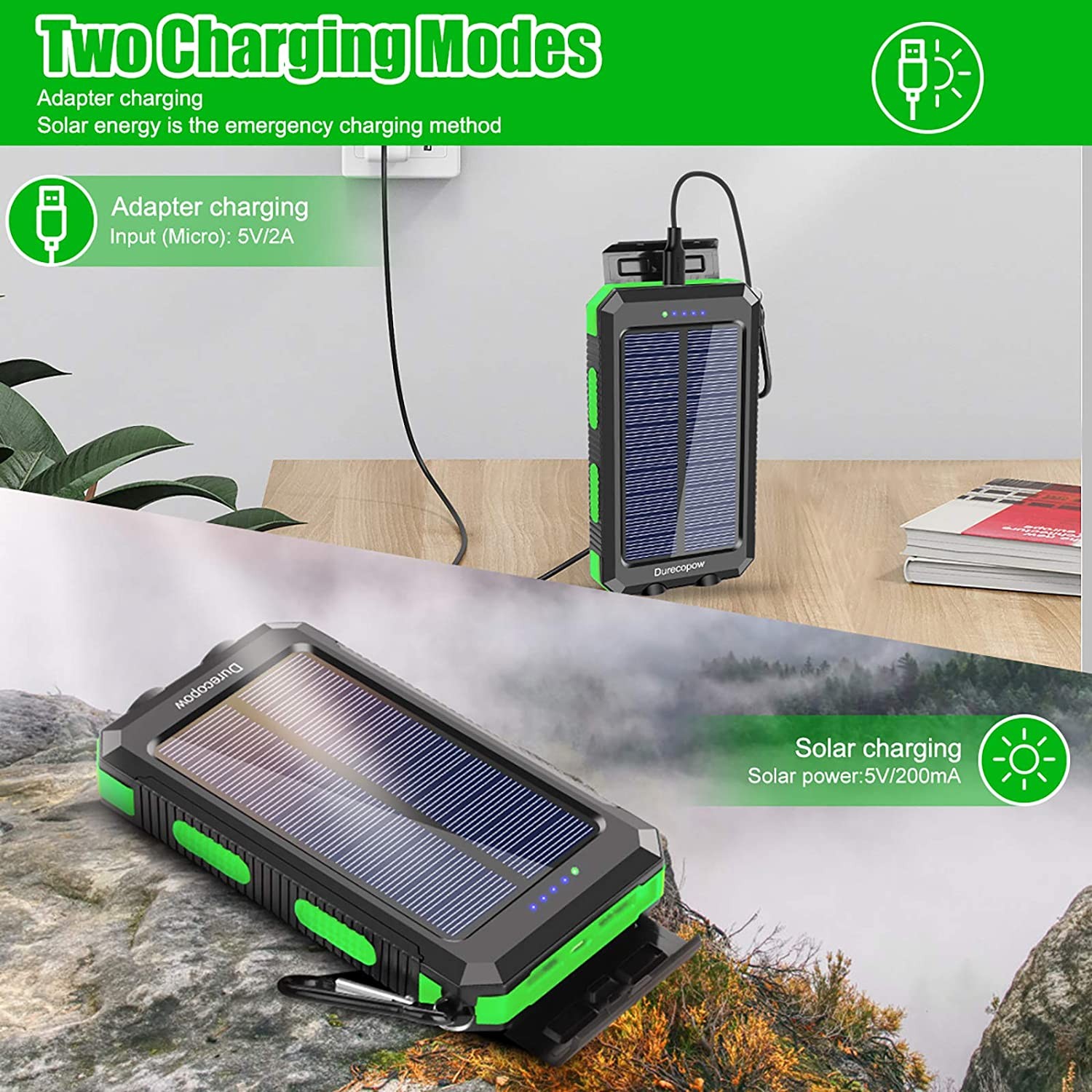 Solar Charger, Durecopow 20000mAh Portable Outdoor Waterproof Solar Power Bank, Camping External Backup Battery Pack Dual 5V USB Ports Output, 2 Led Light Flashlight with Compass (Green)